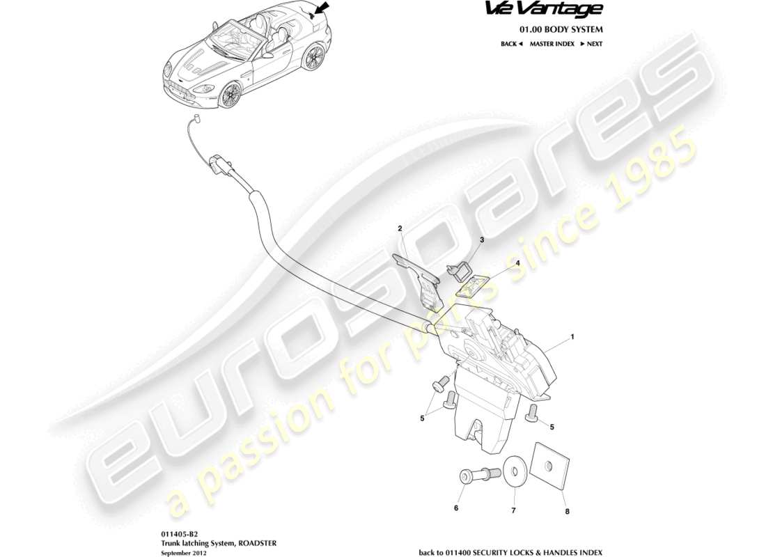 aston martin v12 vantage (2011) trunk latch system, roadster part diagram