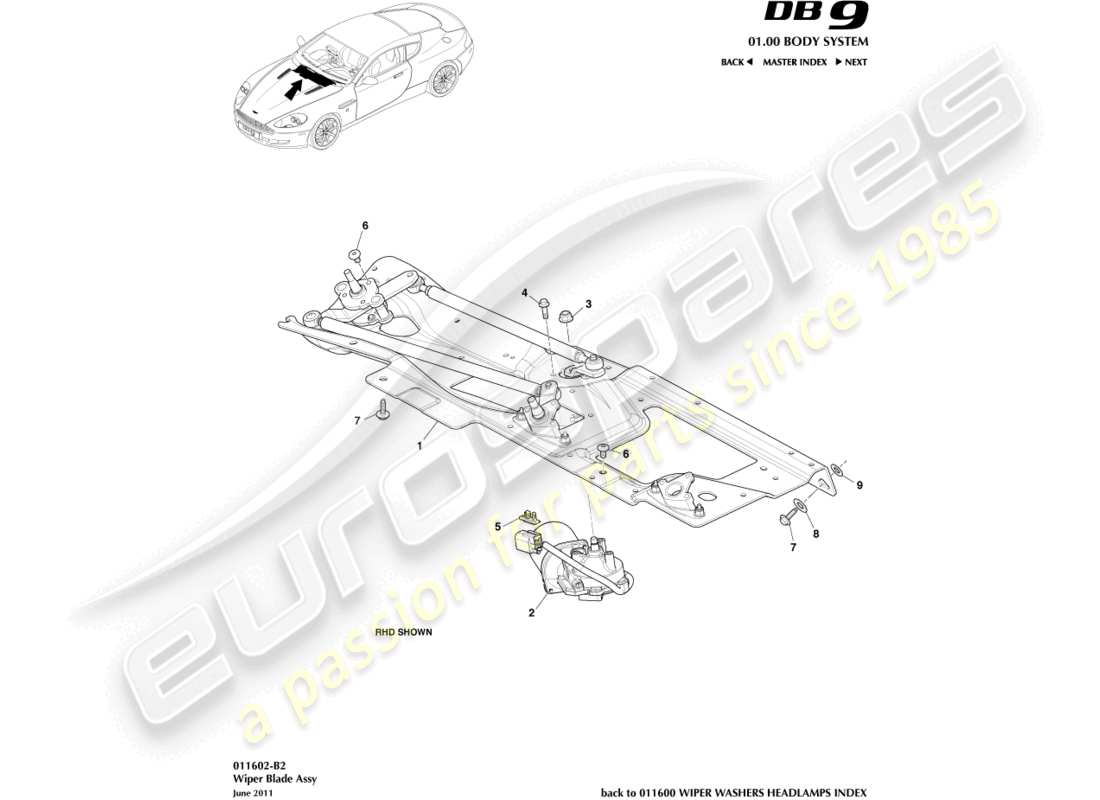 aston martin db9 (2011) wiper linkage assembly parts diagram