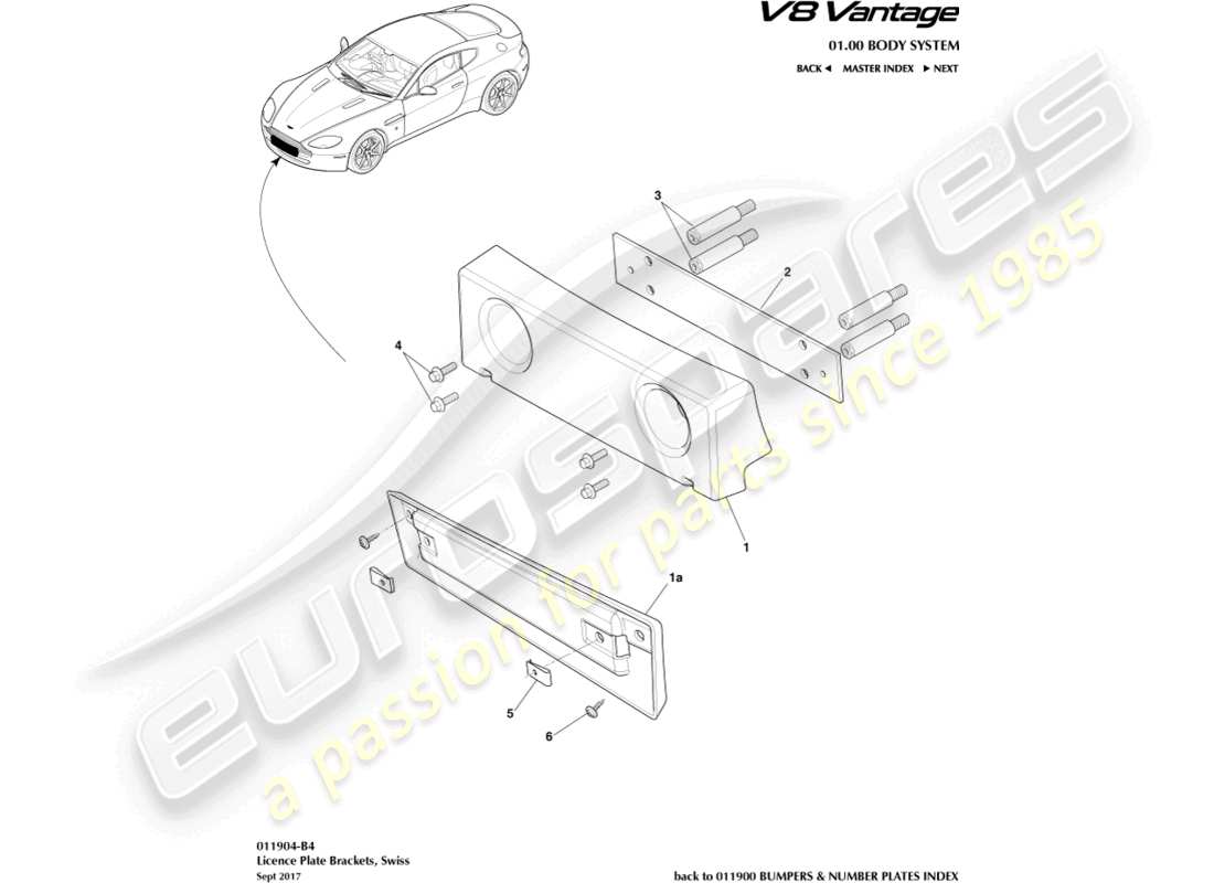 aston martin v8 vantage (2014) license plate brackets, swiss part diagram