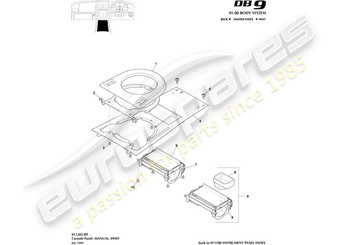 aston martin db9 (2007) front console, manual, 09my part diagram