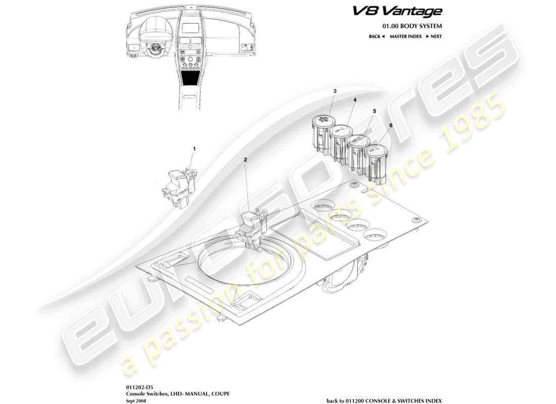aston martin v8 vantage (2012) console switches, coupe, lhd part diagram