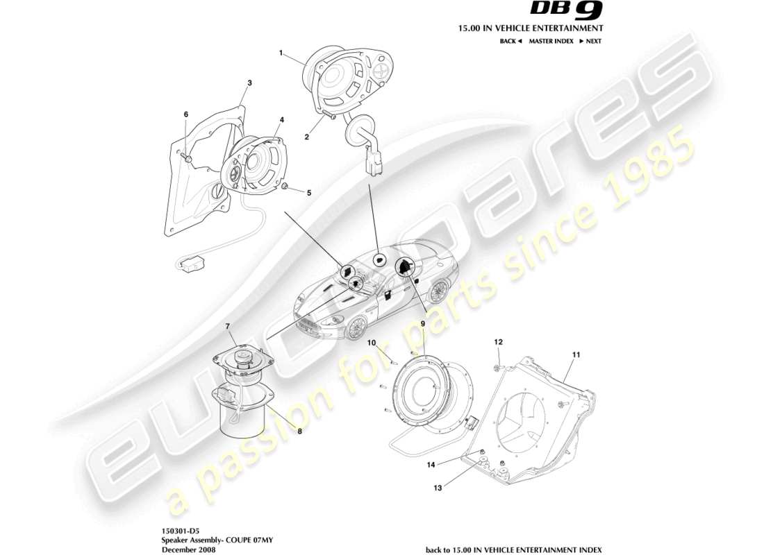 aston martin db9 (2007) speakers, 07my, coupe part diagram