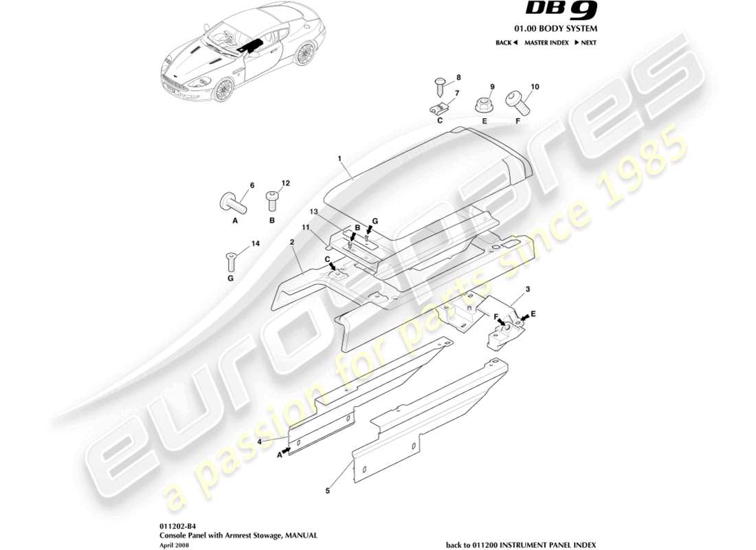 aston martin db9 (2009) centre console, manual parts diagram