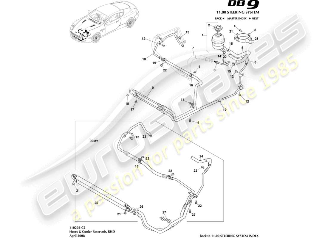 aston martin db9 (2010) cooler, hoses & reservoir, rhd parts diagram