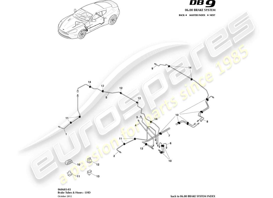 aston martin db9 (2013) brake lines & hoses, lhd parts diagram