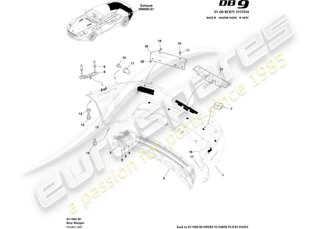 aston martin db9 (2009) rear bumper parts diagram