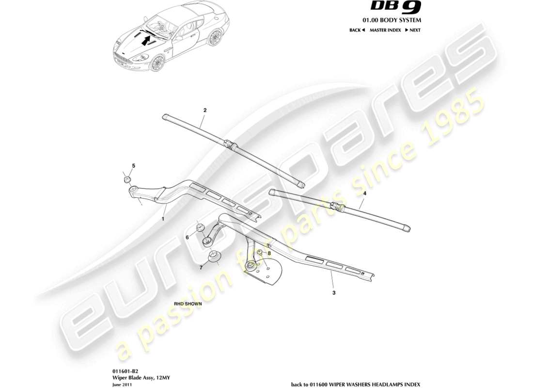 aston martin db9 (2009) wiper blade assembly, 12my parts diagram