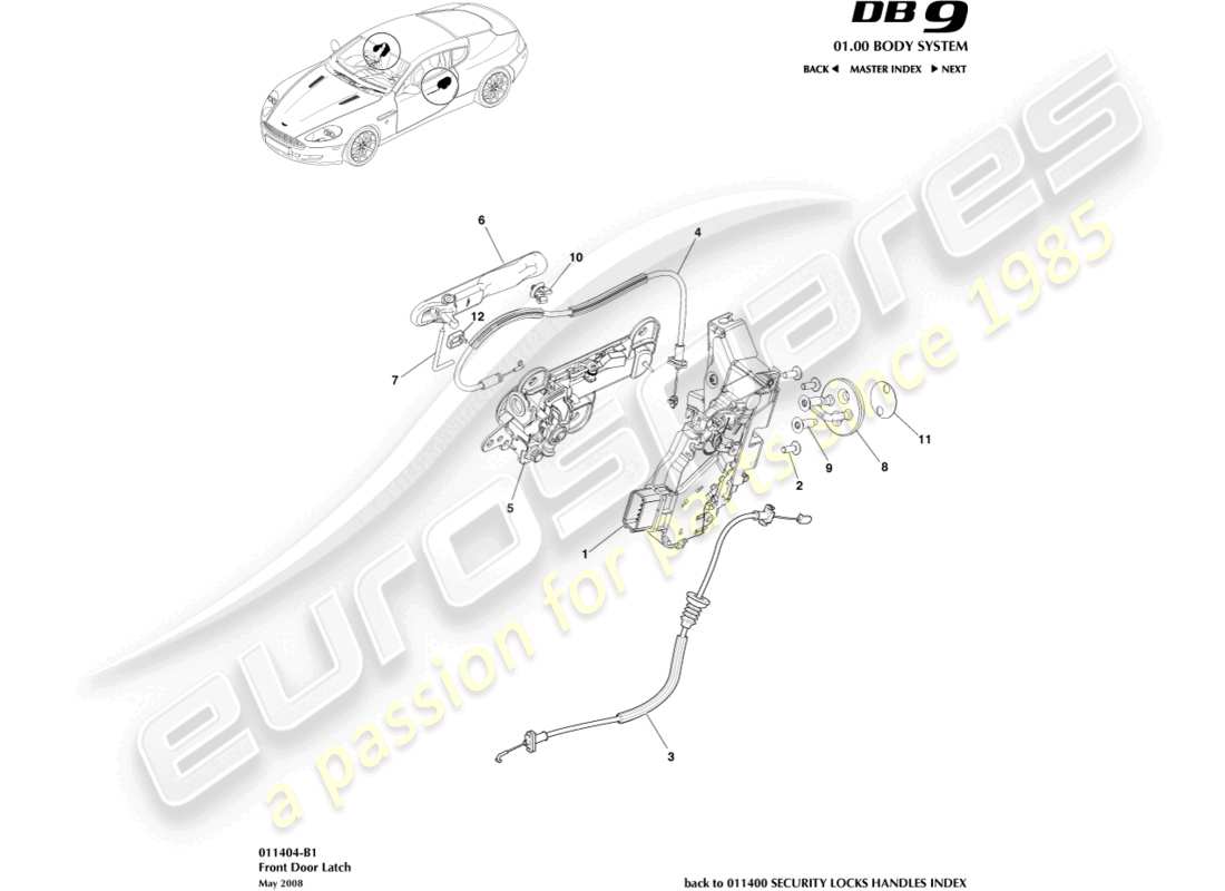 aston martin db9 (2009) front door latch parts diagram