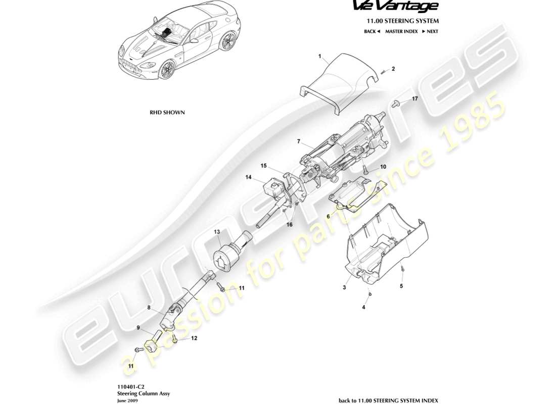 aston martin v12 vantage (2011) steering column assembly part diagram