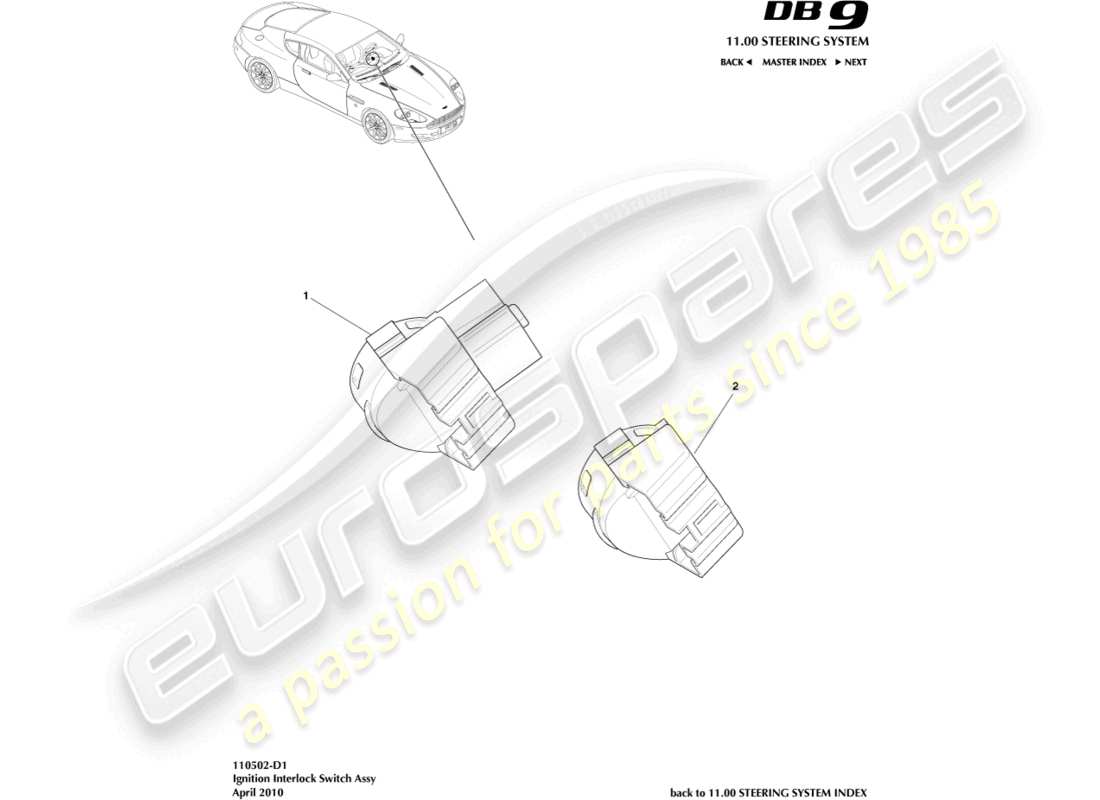 aston martin db9 (2010) ignition switch assembly parts diagram