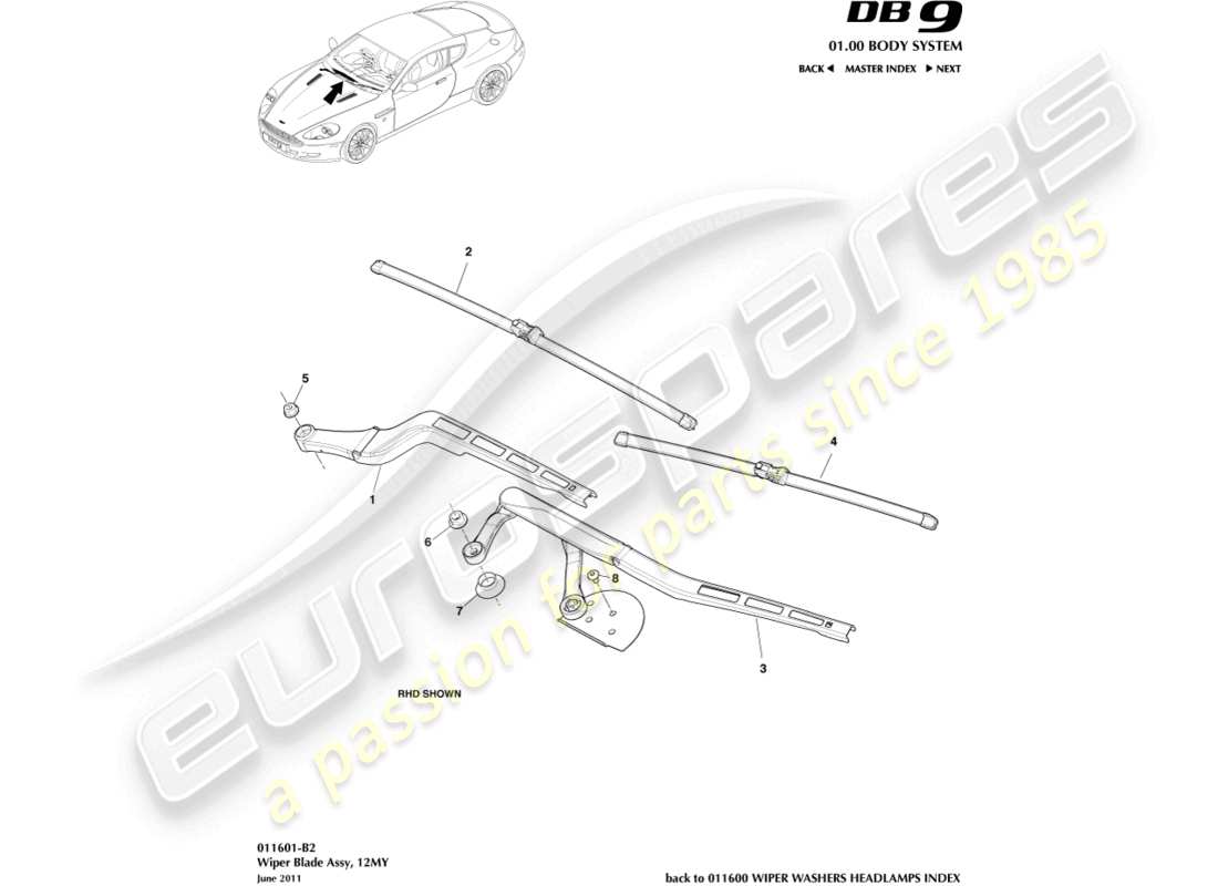aston martin db9 (2007) wiper blade assembly, 12my part diagram