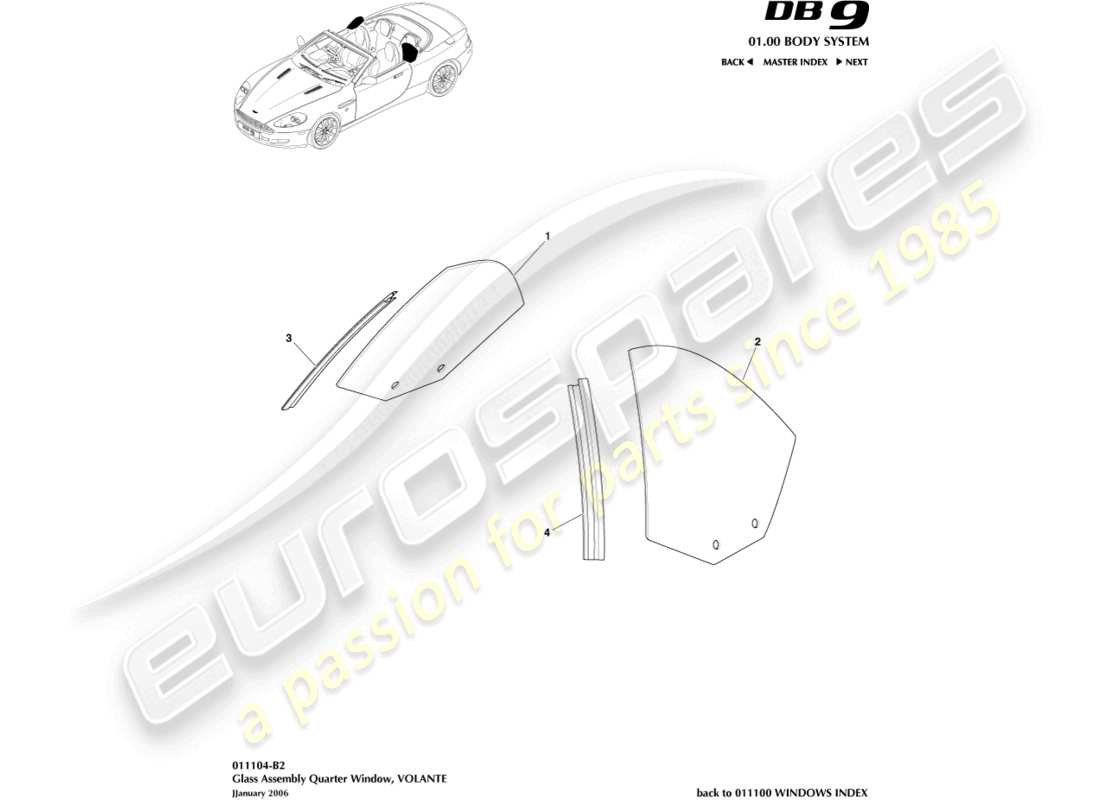 aston martin db9 (2011) rear quarter glass, volante parts diagram