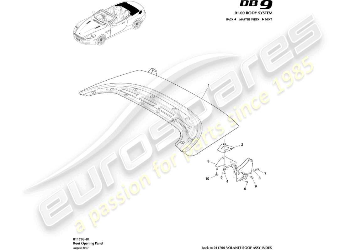 aston martin db9 (2009) roof opening panel parts diagram