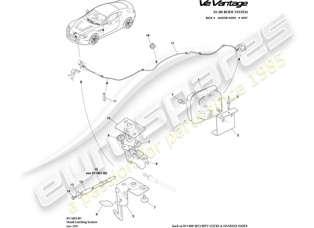 aston martin v12 vantage (2010) hood latch system part diagram