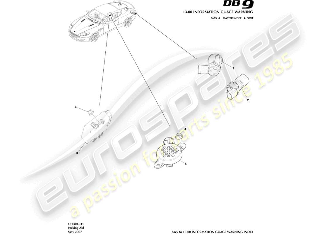 aston martin db9 (2010) parking aid sensors parts diagram