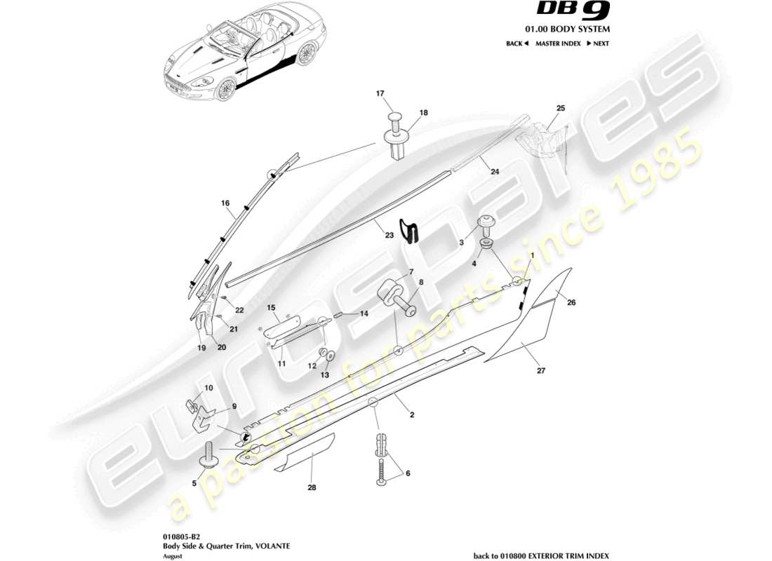 aston martin db9 (2007) bodyside & quarter trim, volante part diagram