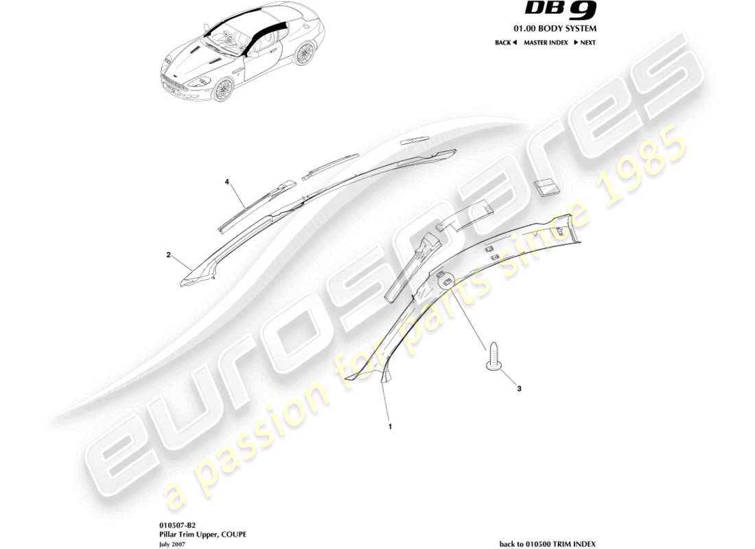 aston martin db9 (2009) pillar trim, upper, coupe parts diagram