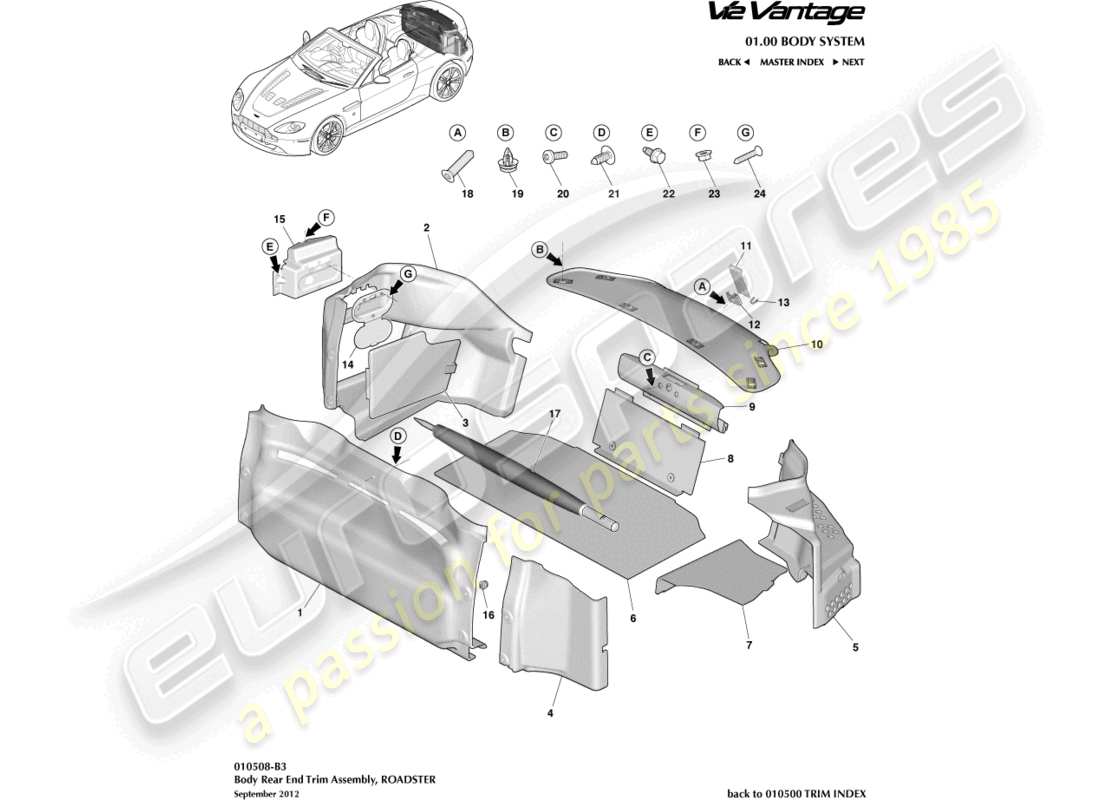 aston martin v12 vantage (2010) load compartment trim, roadster part diagram