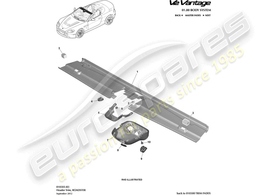 aston martin v12 vantage (2011) header trim, roadster part diagram