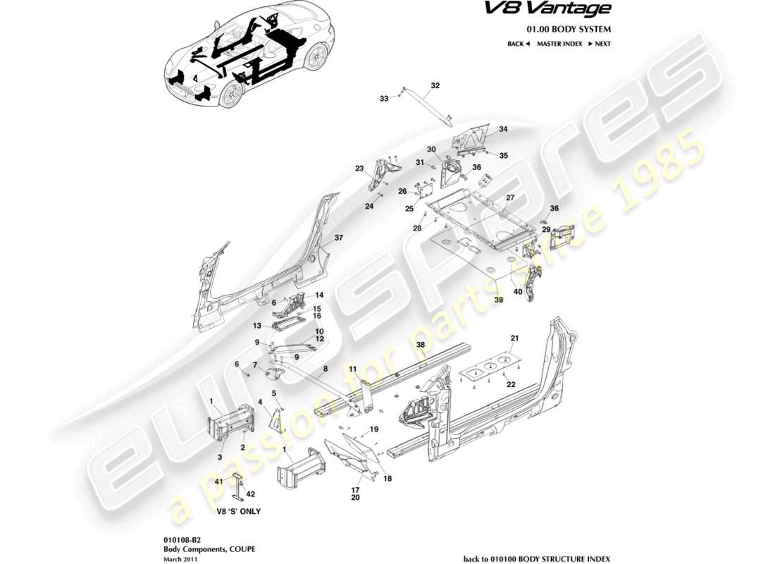 aston martin v8 vantage (2012) body components, coupe part diagram