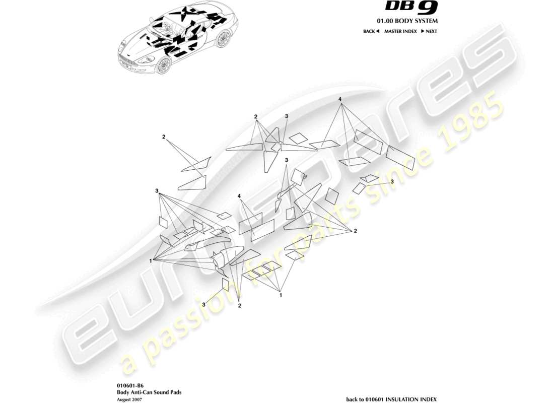 aston martin db9 (2004) anti-can sound pads parts diagram