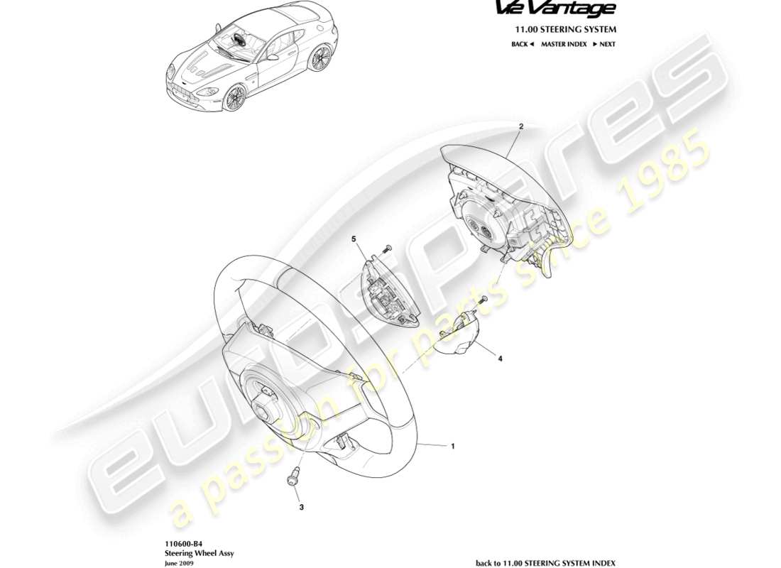 aston martin v12 vantage (2011) steering wheel assembly part diagram