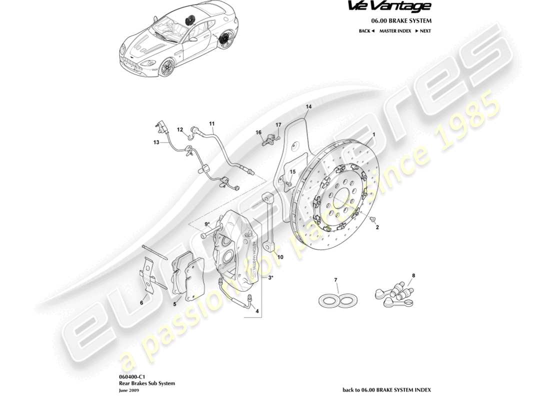 aston martin v12 vantage (2011) rear brake system part diagram
