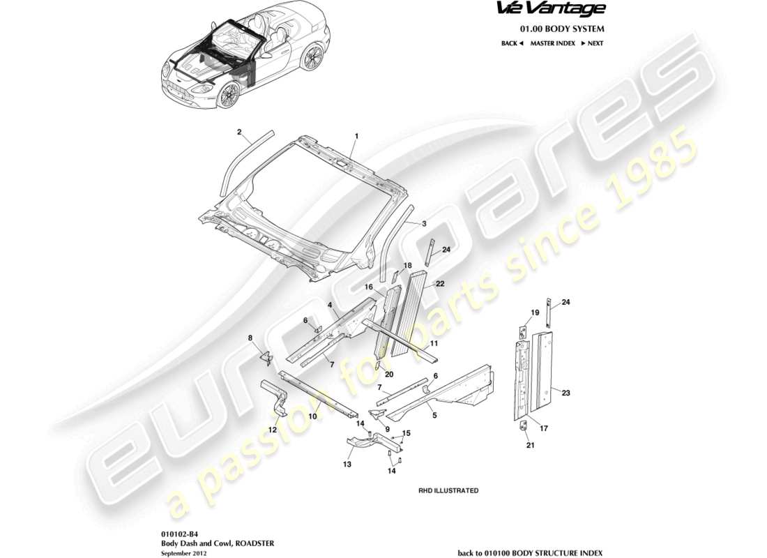aston martin v12 vantage (2011) body dash and cowl, roadster part diagram