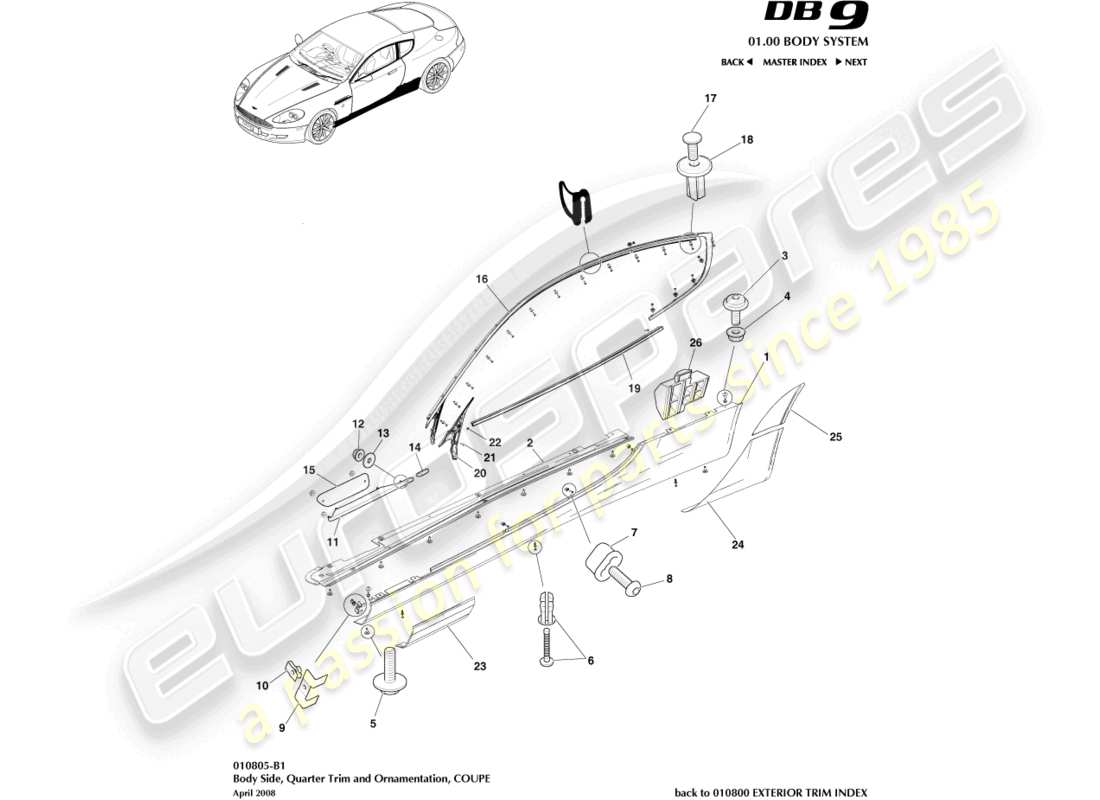 aston martin db9 (2007) bodyside & quarter trim, coupe part diagram