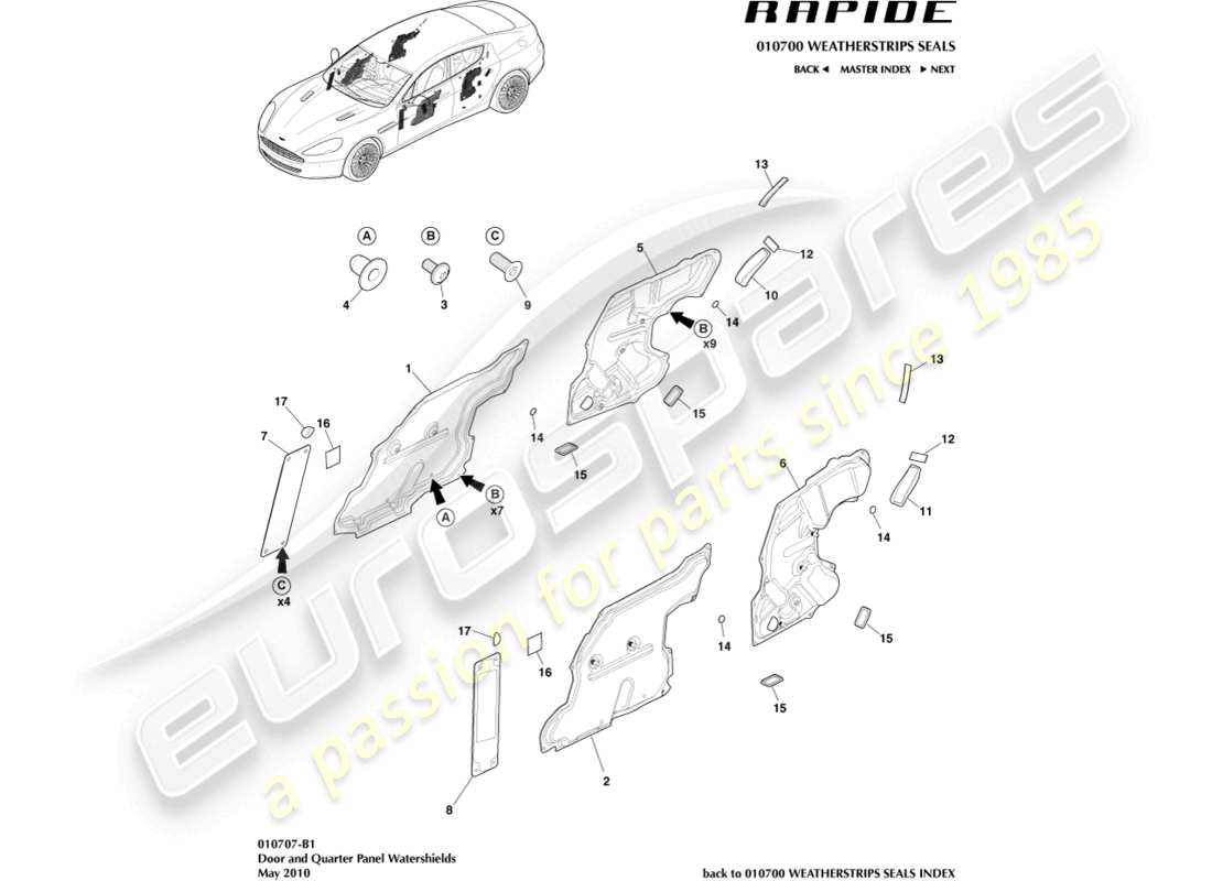 aston martin rapide (2019) door watershields part diagram