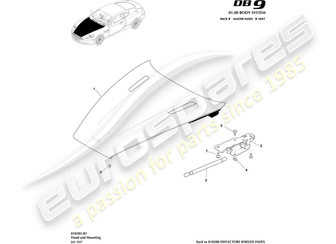 aston martin db9 (2011) bonnet and mounting parts diagram