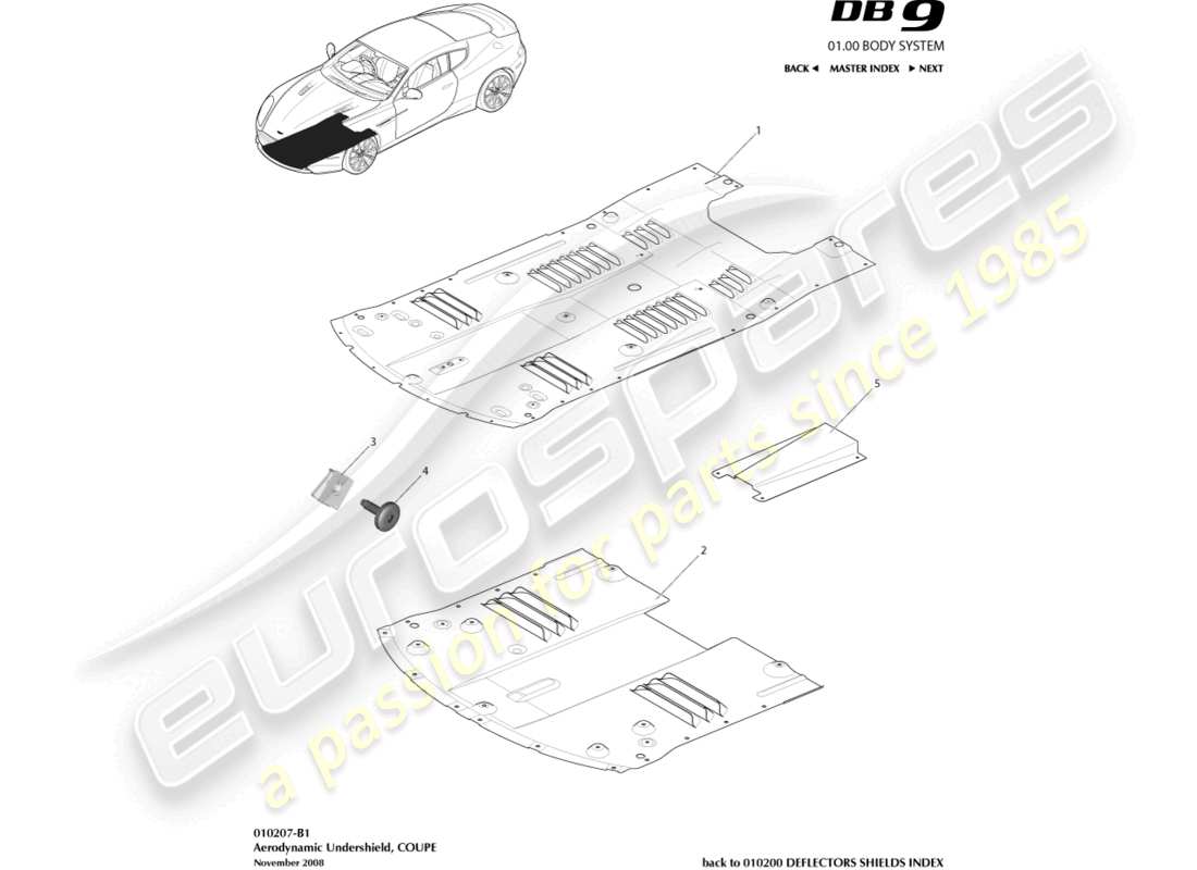 aston martin db9 (2007) front undershield, coupe part diagram