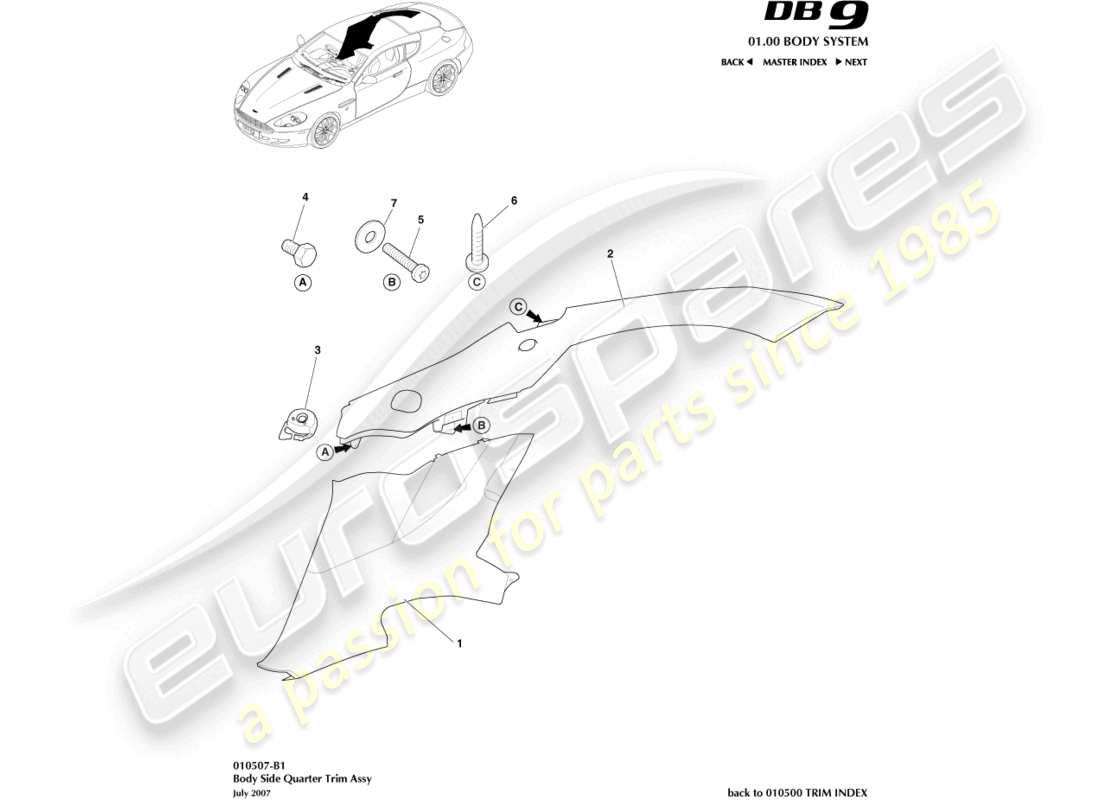 aston martin db9 (2004) body side quarter trim, coupe parts diagram