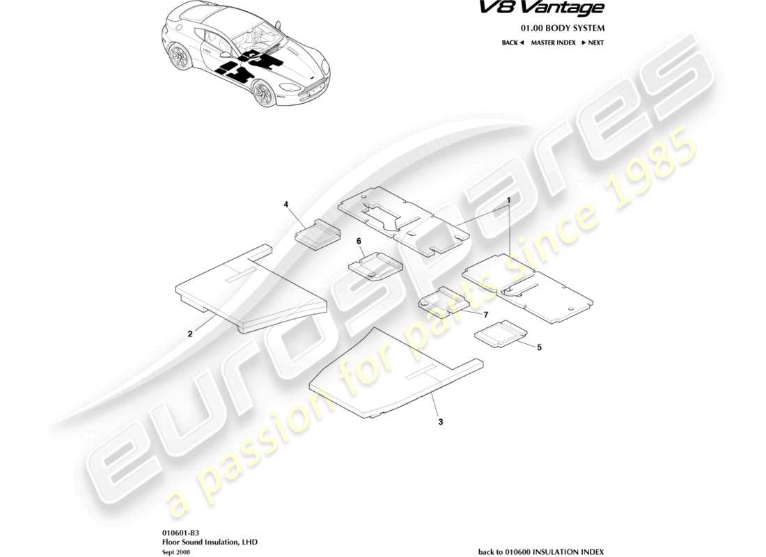 aston martin v8 vantage (2017) floor sound insulation, lhd part diagram