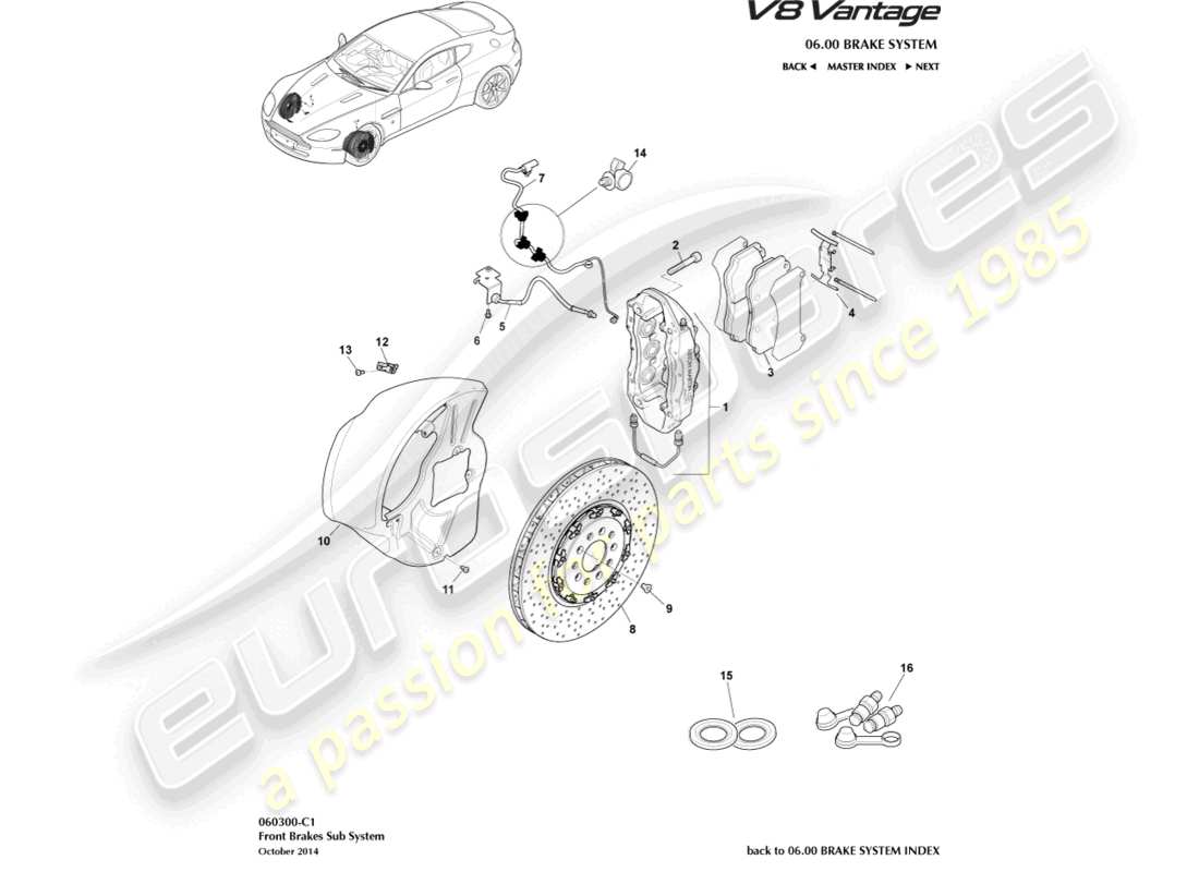 aston martin v8 vantage (2012) front brake system part diagram