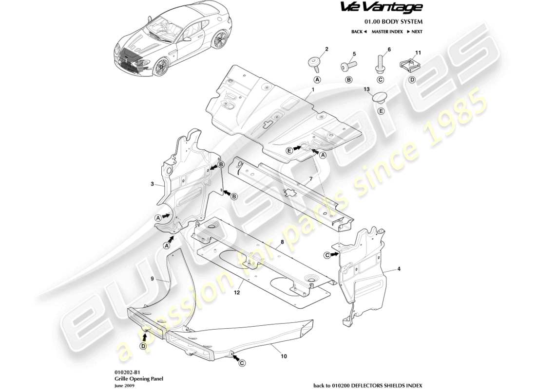 aston martin v12 vantage (2010) grille opening panel part diagram