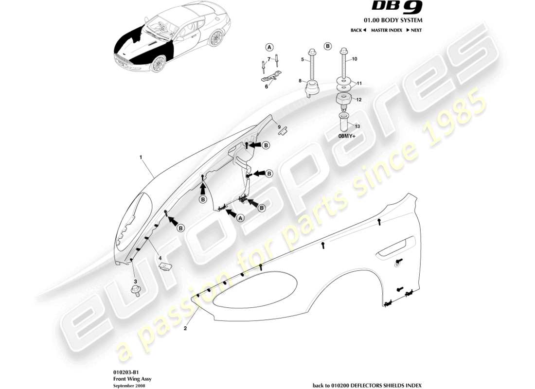 aston martin db9 (2007) front wing assembly part diagram