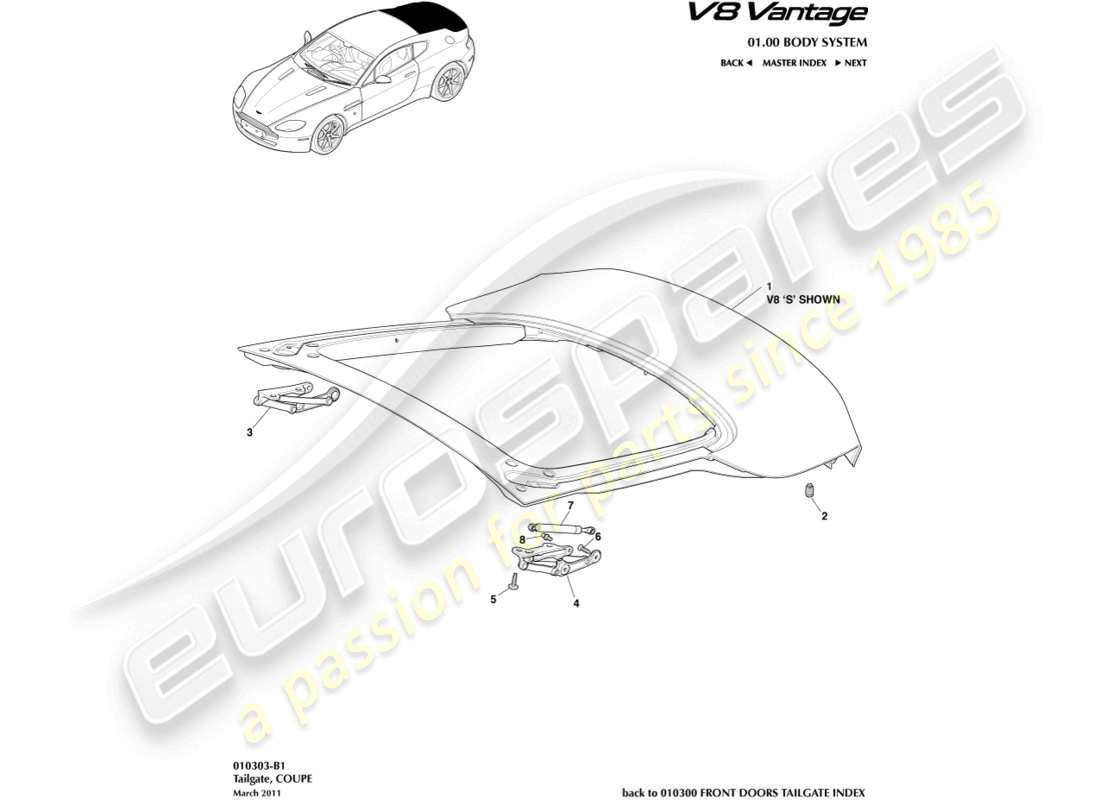 aston martin v8 vantage (2012) tailgate, coupe part diagram