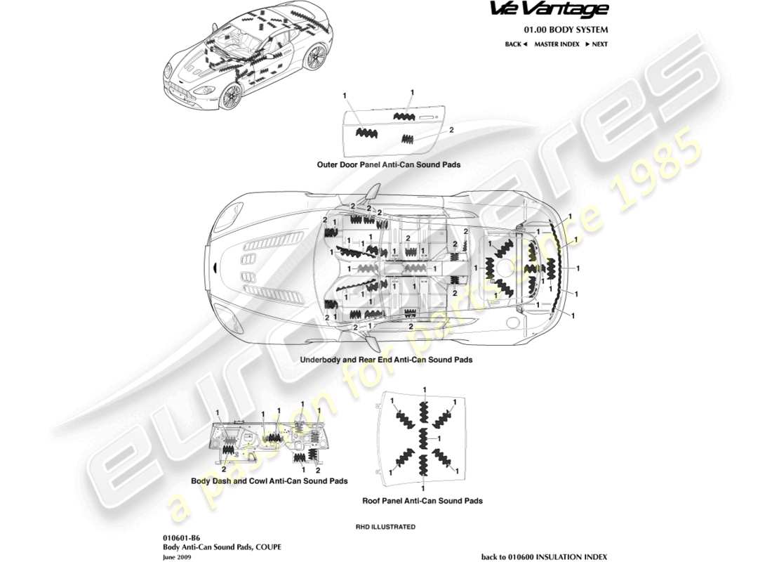 aston martin v12 vantage (2011) anti-can sound pads, coupe part diagram