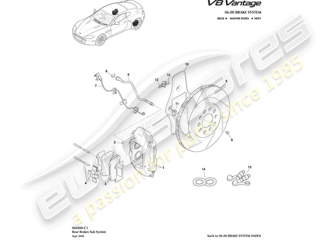 aston martin v8 vantage (2012) rear brake system part diagram