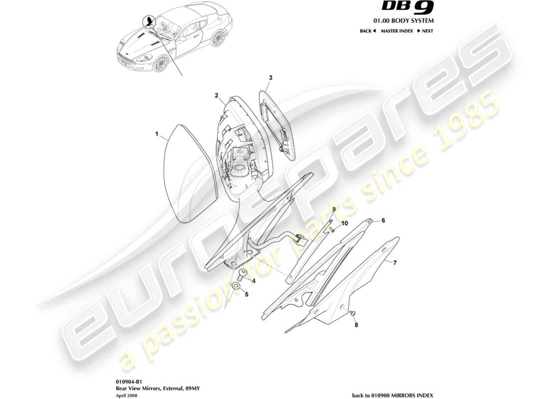 aston martin db9 (2004) exterior rear view mirrors 09my parts diagram