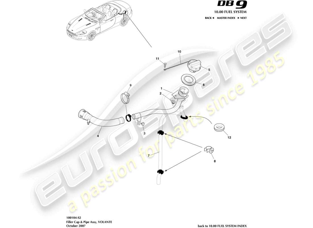 aston martin db9 (2009) fuel filler cap & pipe, volante parts diagram