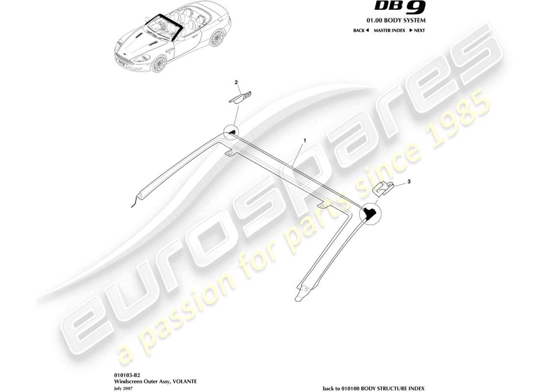 aston martin db9 (2011) windscreen, outer, volante parts diagram