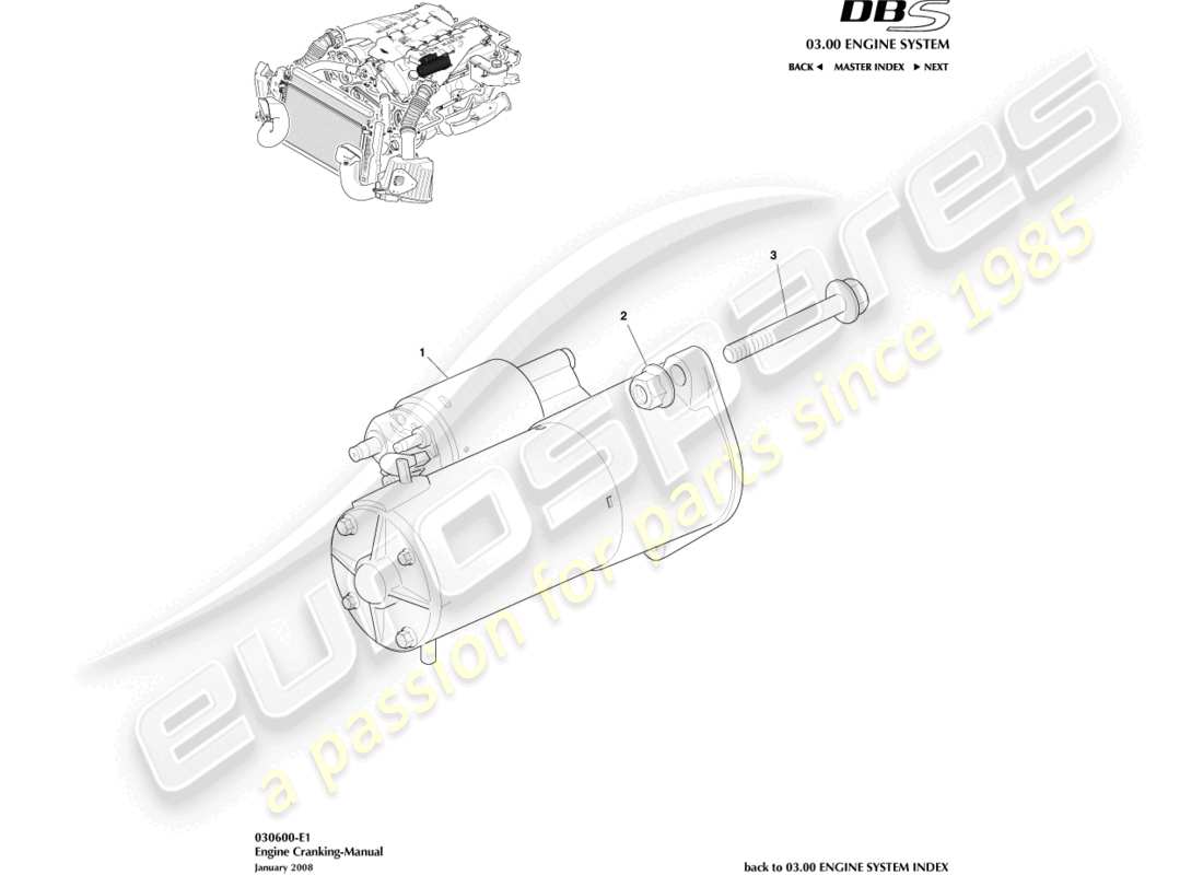 aston martin dbs (2014) starter motor, manual part diagram