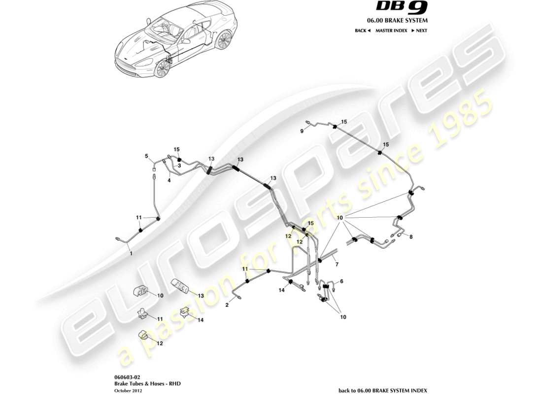 aston martin db9 (2016) brake lines & hoses, rhd parts diagram