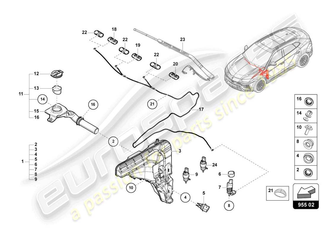 lamborghini urus (2021) windscreen washer system parts diagram