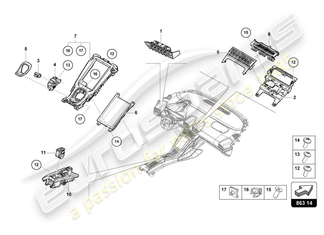 lamborghini tecnica (2024) centre console, upper part parts diagram
