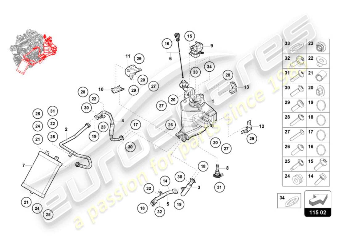 lamborghini revuelto coupe (2024) hydraulic system and fluid container with connect. pieces parts diagram