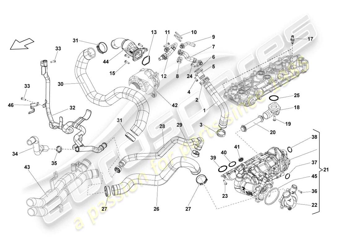 lamborghini lp560-4 spider (2010) coolant regulator housing with thermostat parts diagram