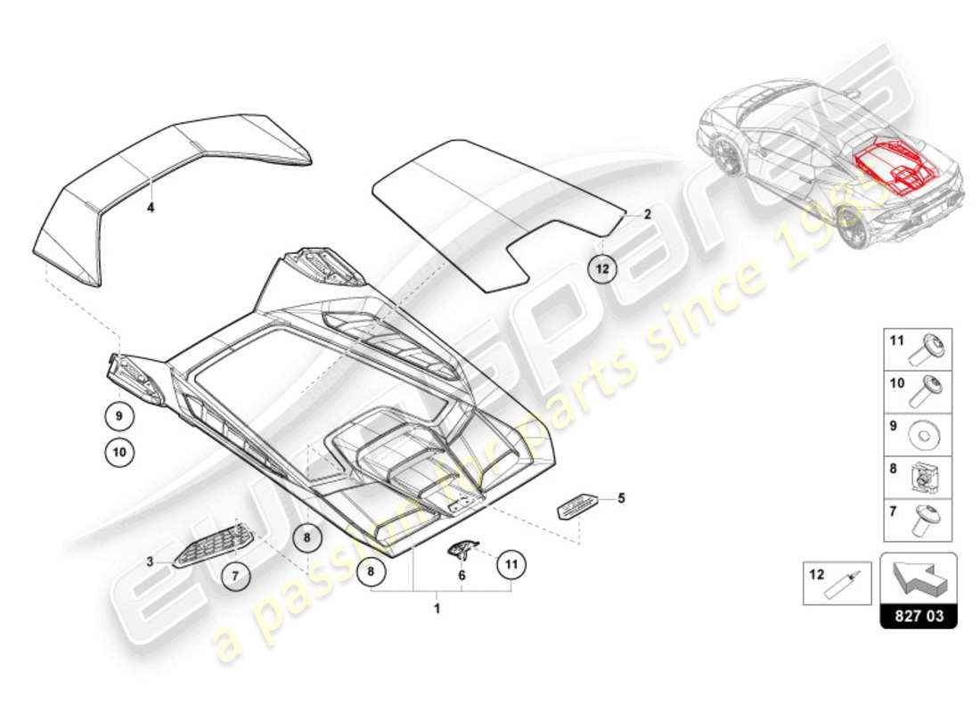 lamborghini 2024 (tecnica) engine cover with insp. cover part diagram